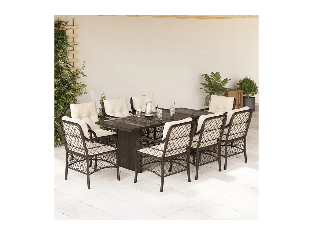 Ensemble à manger de jardin et coussins 9 pièces marron poly rotin