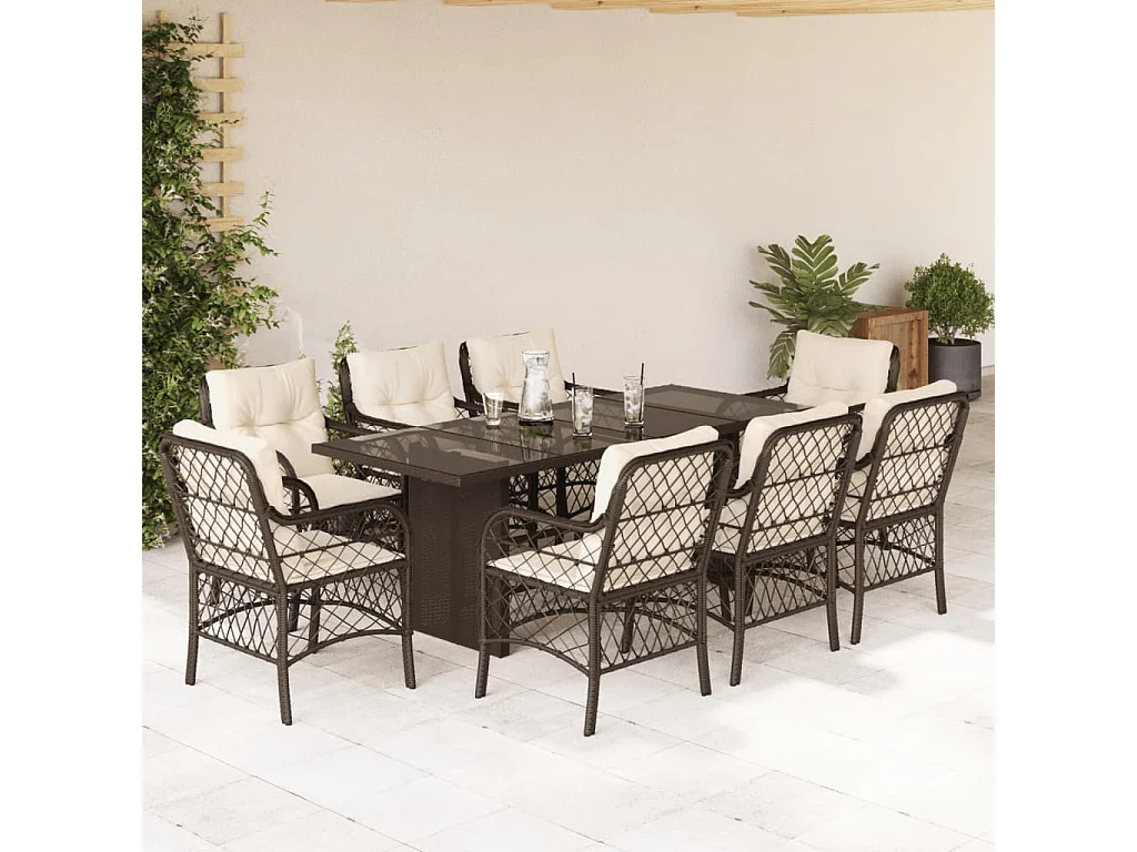 Ensemble à manger de jardin et coussins 9 pièces marron poly rotin