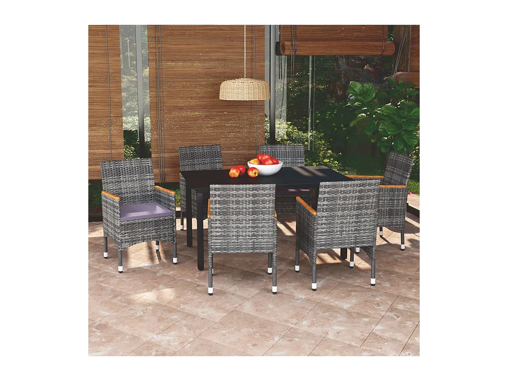 Mobilier à dîner de jardin et coussins 7 pièces Résine tressée Gris