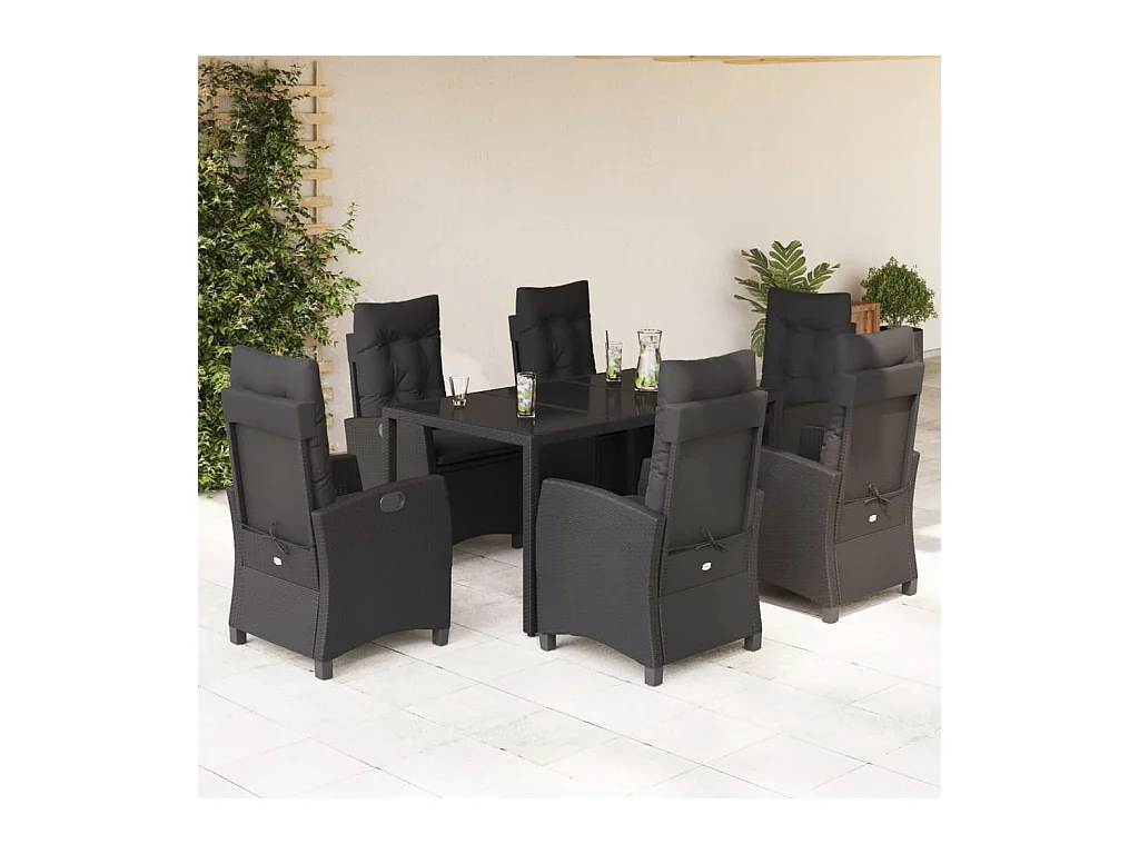 Ensemble à manger de jardin coussins 7 pièces Noir Résine tressée