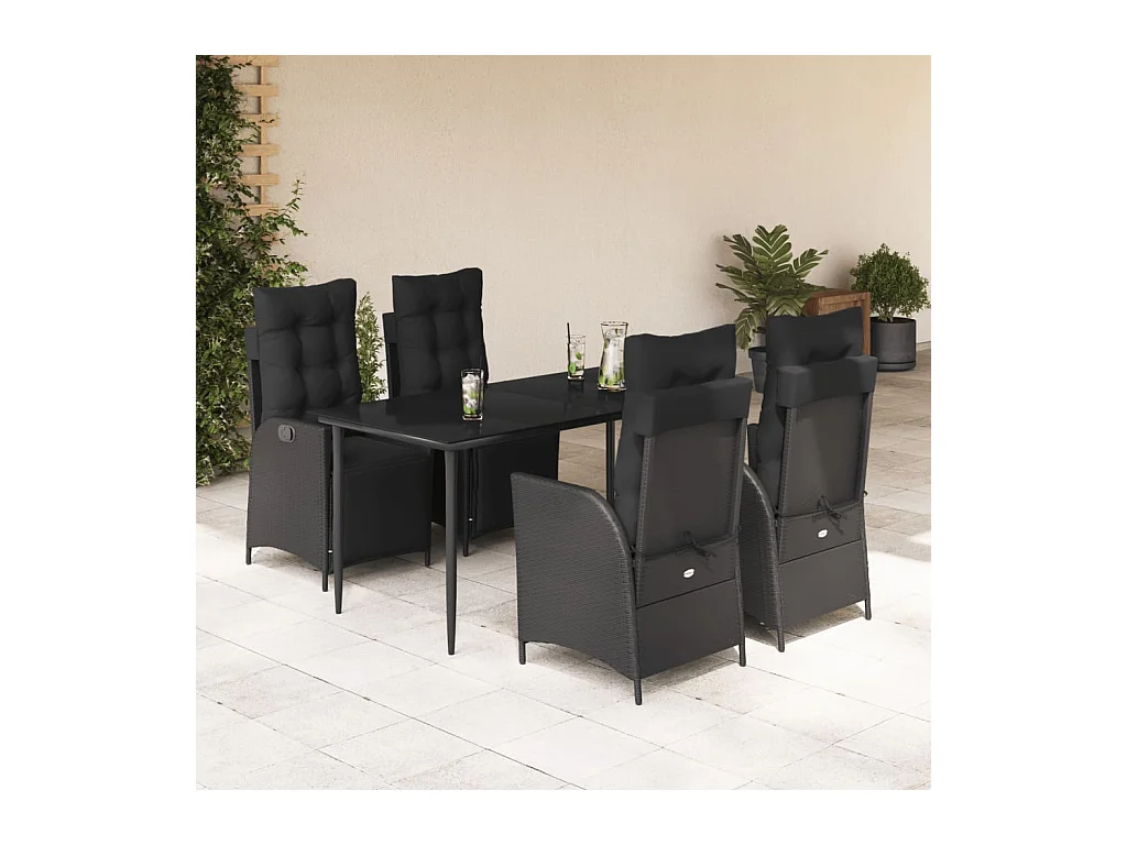 Ensemble à manger de jardin coussins 5 pièces Noir Résine tressée