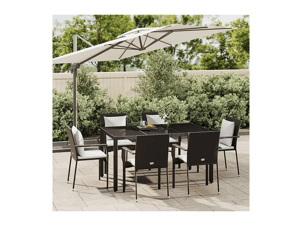 Set de comedor de jardín 7 piezas y cojines ratán sintético negro