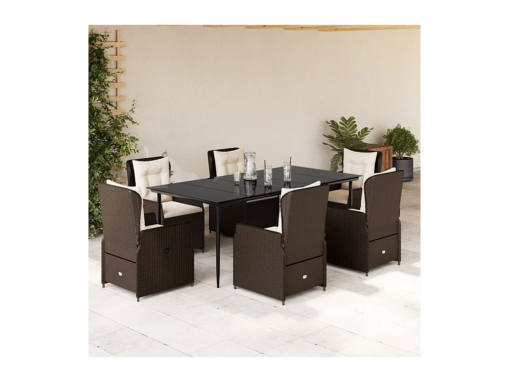 Ensemble à manger de jardin et coussins 7 pièces marron rotin
