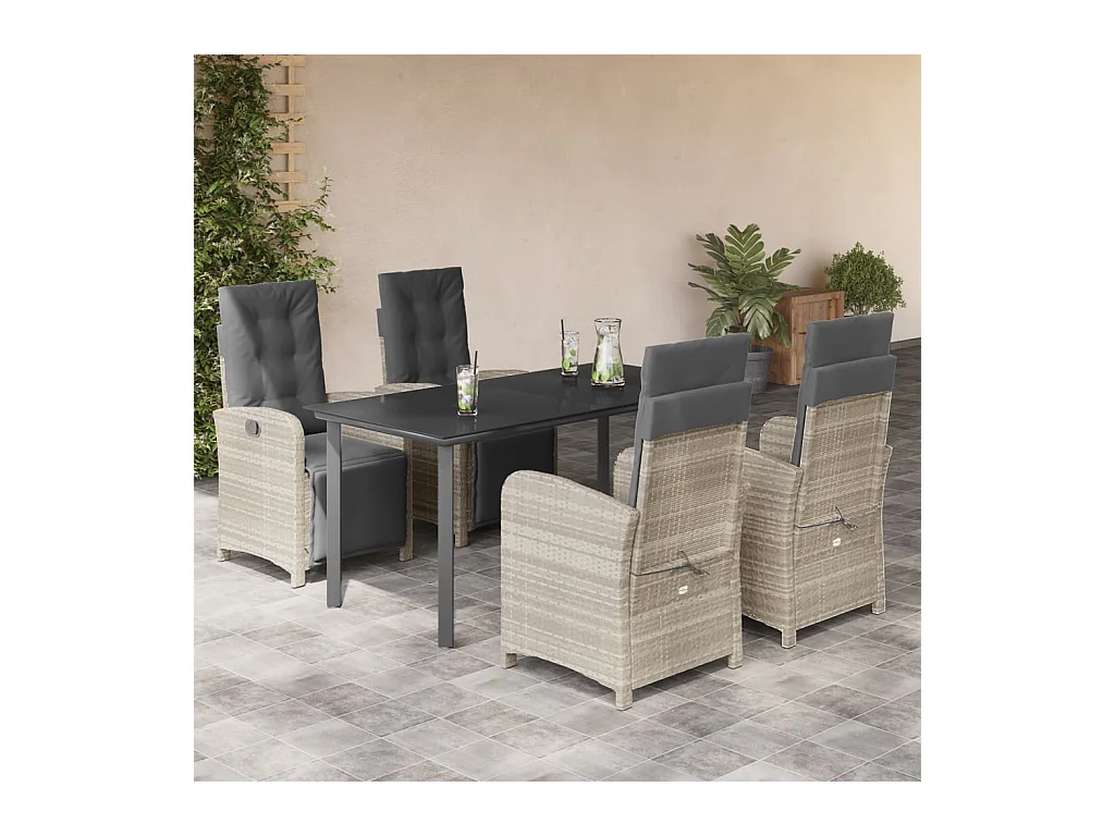 Ensemble à manger de jardin et coussins 5 pièces gris clair rotin