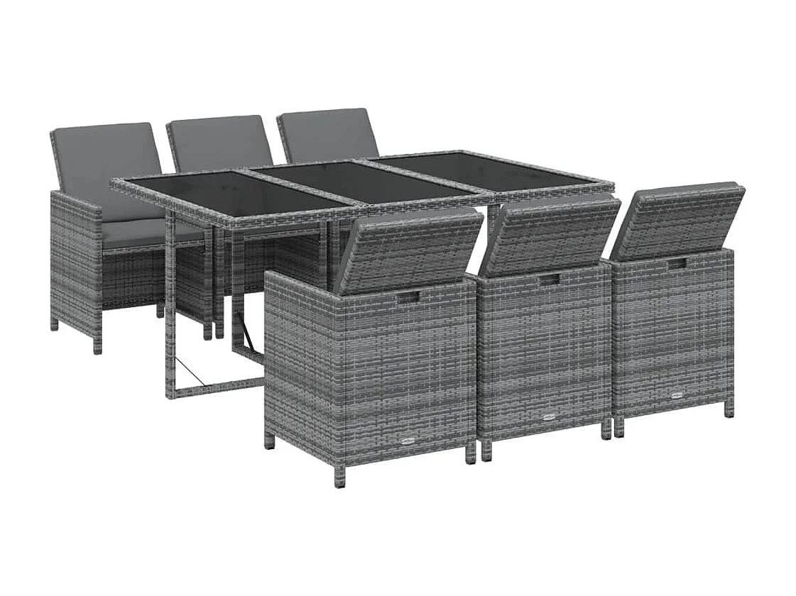 Mobilier à dîner de jardin et coussins 7 pièces Résine tressée Gris