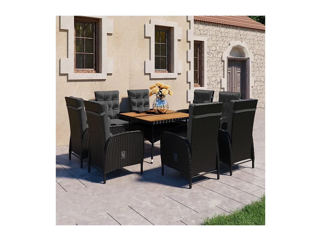 Ensemble à dîner de jardin 9 pièces Résine tressée et acacia Noir