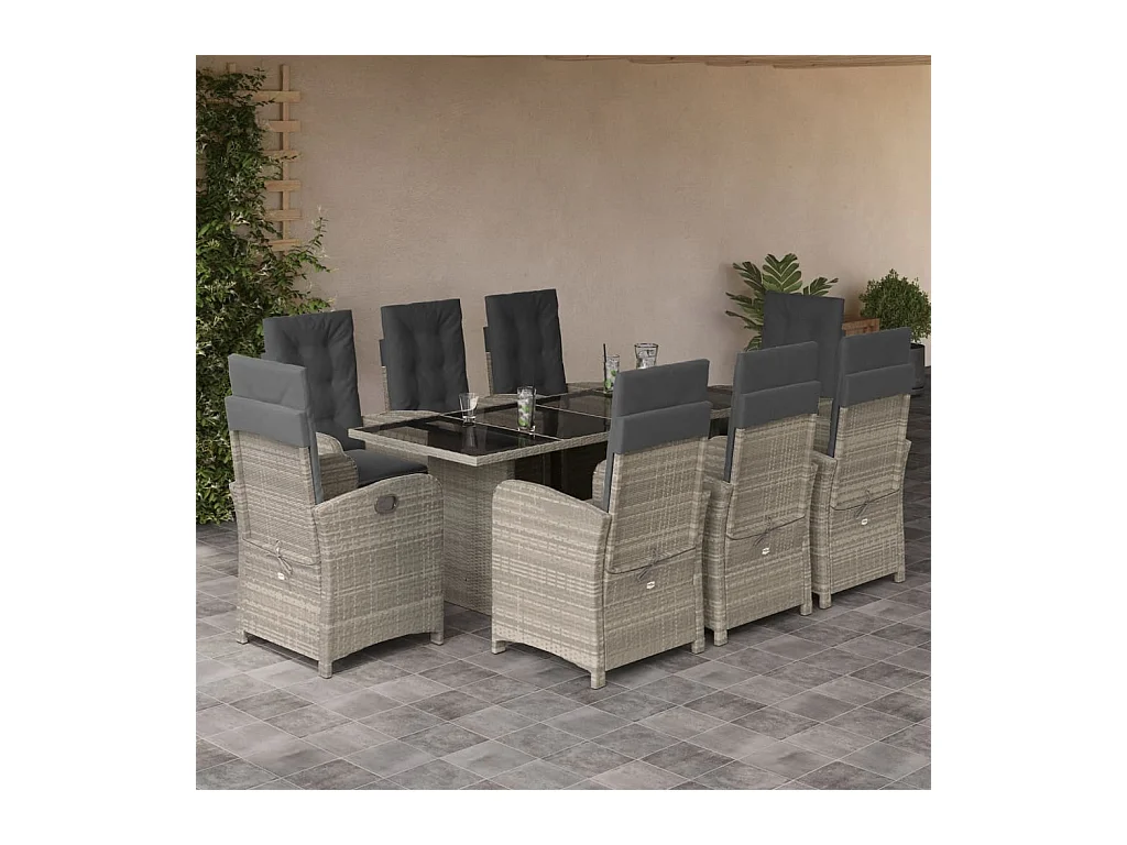 Ensemble à manger de jardin et coussins 9 pièces gris clair rotin