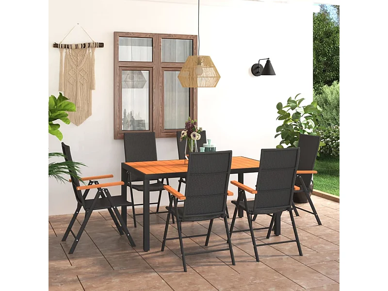 Ensemble de salle à manger de jardin 7 pièces Noir et marron