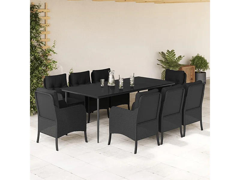 9 peças conjunto de jantar p/ jardim c/ almofadões vime PE preto