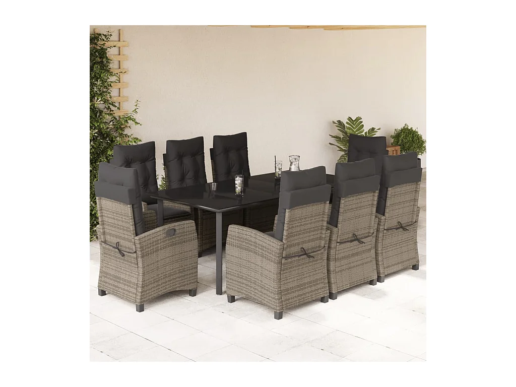 9 peças conjunto de jantar p/ jardim c/ almofadões vime PE cinza