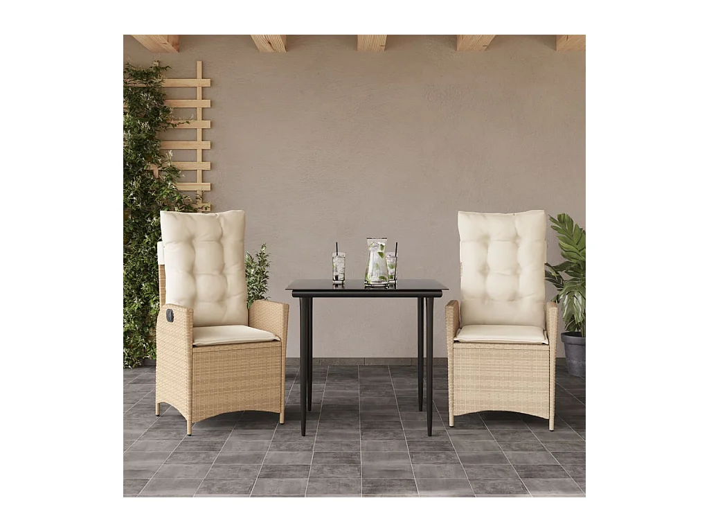 Set comedor de jardín 3 piezas con cojines ratán sintético beige