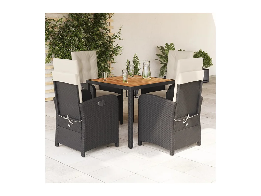 5 peças conjunto de jantar p/ jardim c/ almofadões vime PE preto