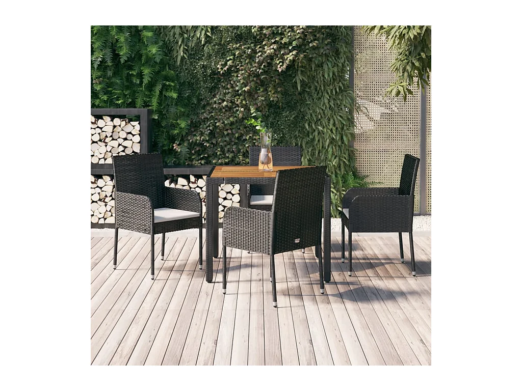5-delige Tuinset met kussens poly rattan zwart
