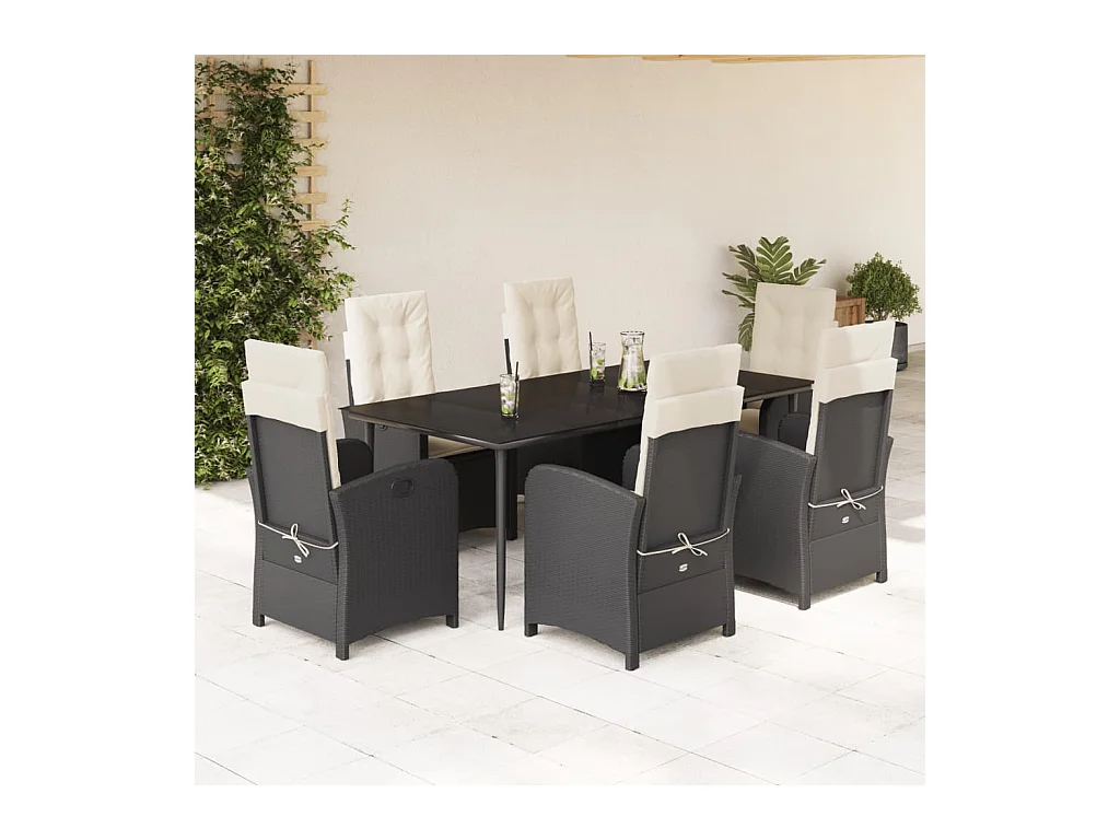 Ensemble à manger de jardin coussins 7 pièces Noir Résine tressée