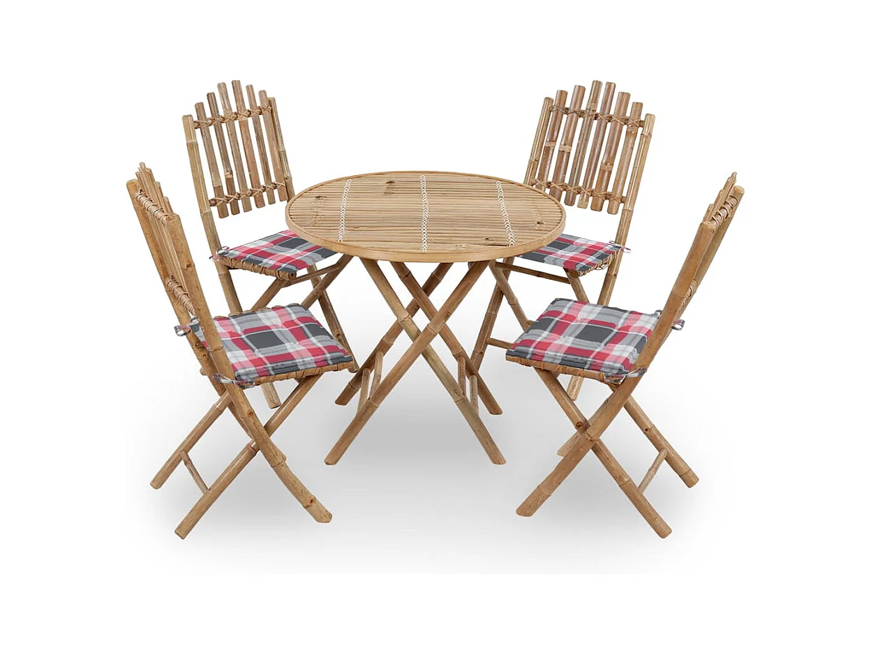 Mobilier à dîner d'extérieur pliable 5 pièces avec coussins Bambou
