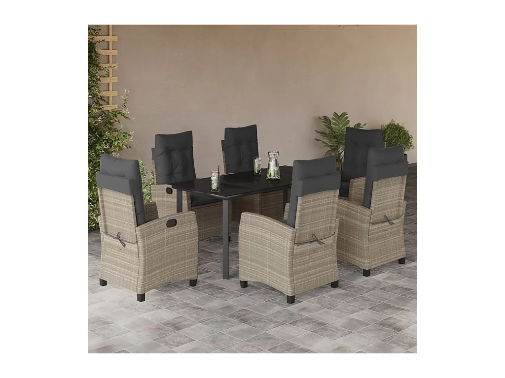 Ensemble à manger de jardin et coussins 7 pièces gris clair rotin