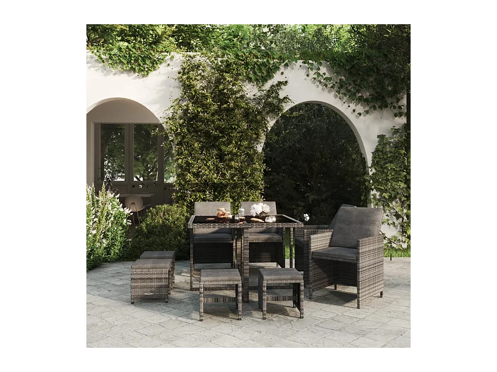 Mobilier à dîner de jardin et coussins 9 pièces Résine tressée Gris