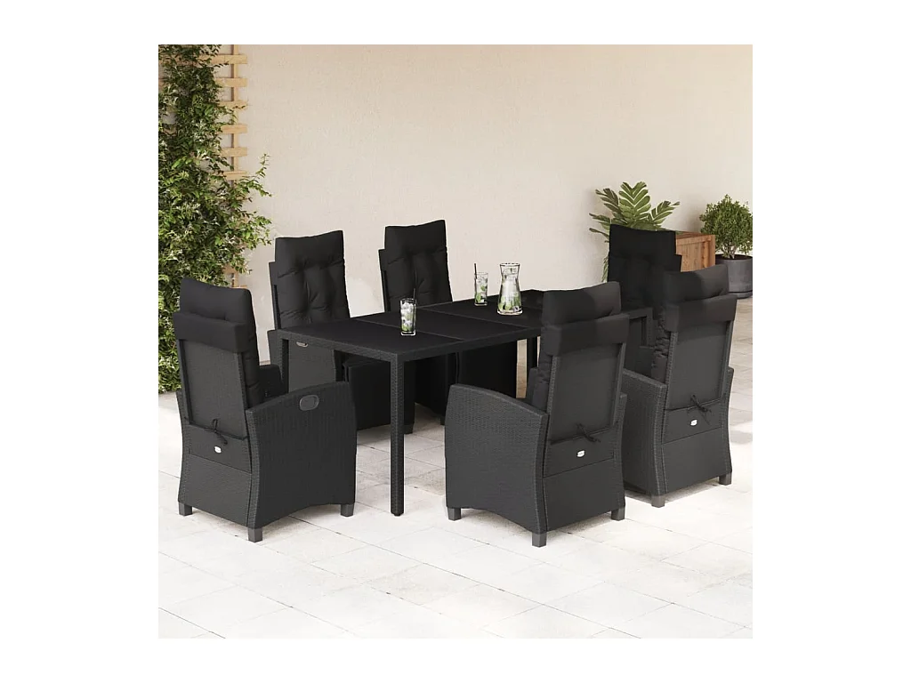 7 peças conjunto de jantar p/ jardim c/ almofadões vime PE preto