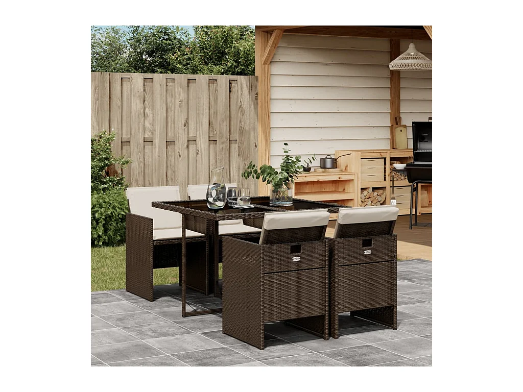 Ensemble à manger de jardin 5 pièces et coussins marron poly rotin