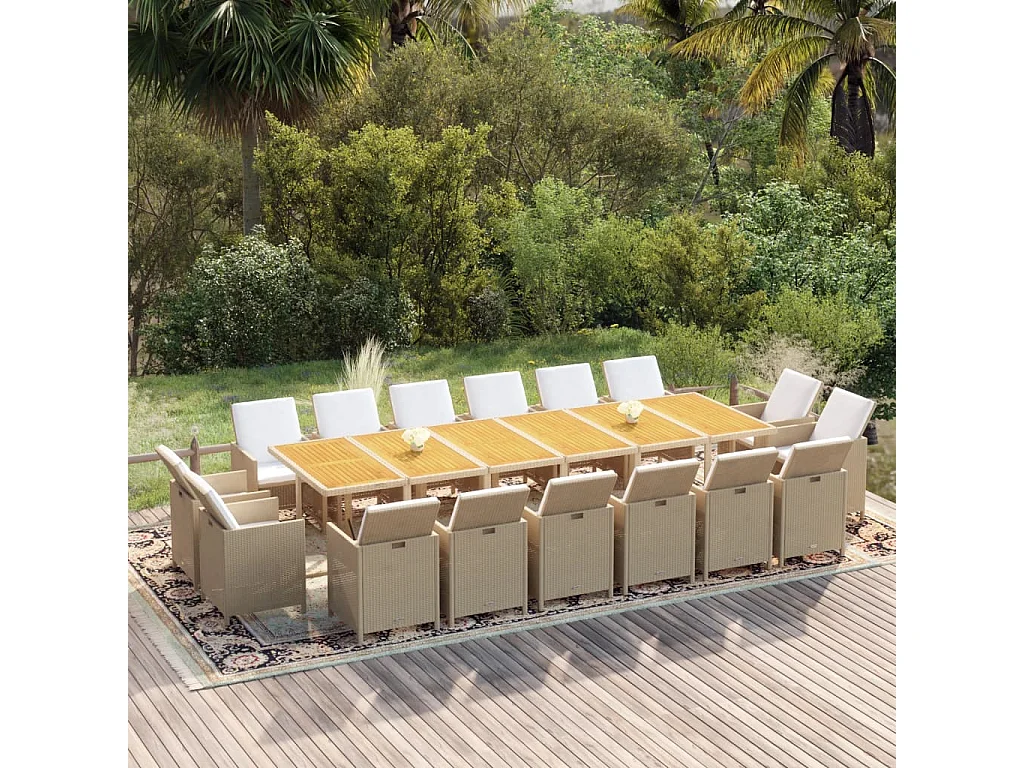 Juego comedor jardín 17 piezas con cojines ratán sintético beige