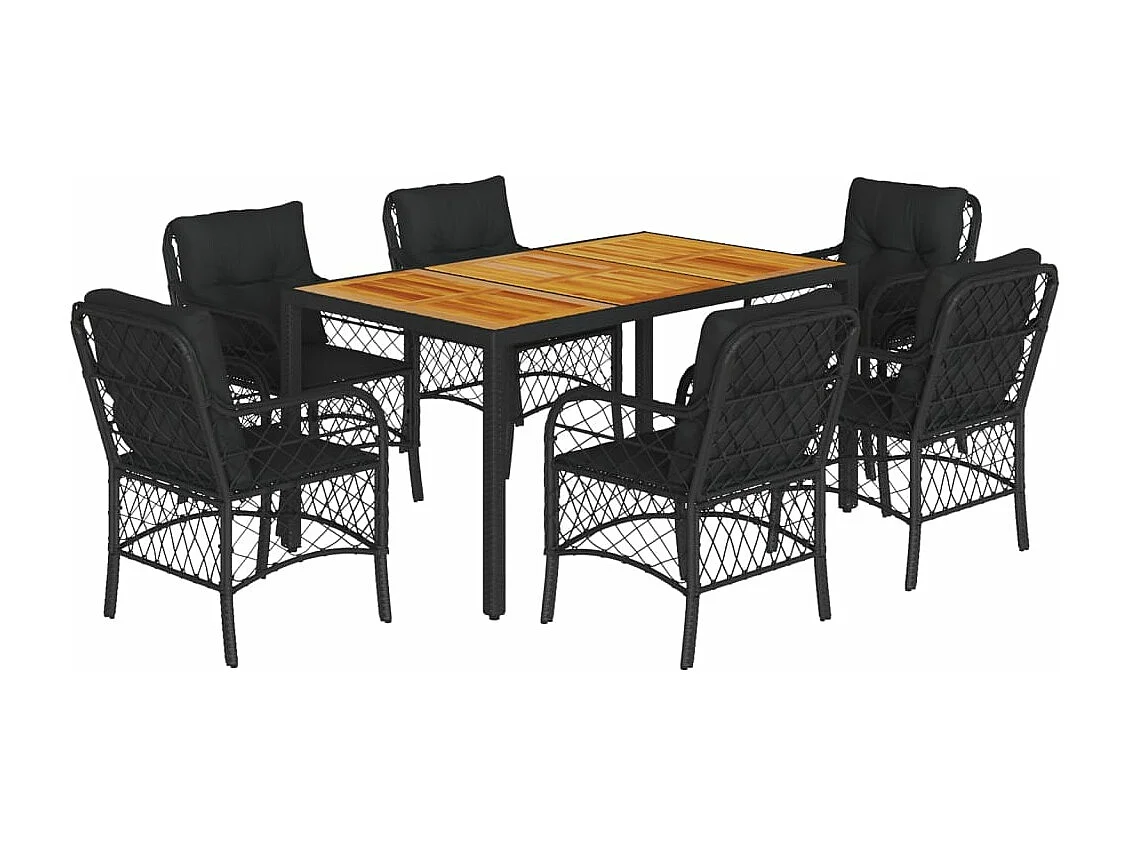 Ensemble à manger de jardin coussins 7 pièces Noir Résine tressée