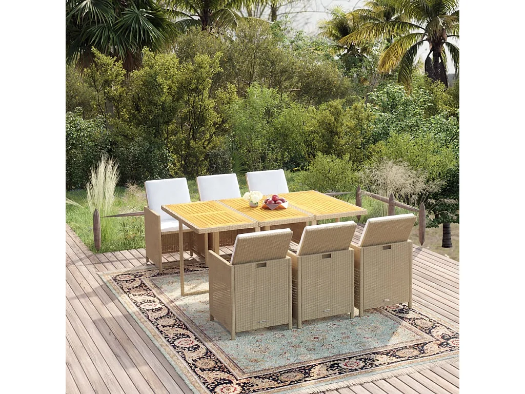 Juego comedor jardín 7 piezas con cojines ratán sintético beige