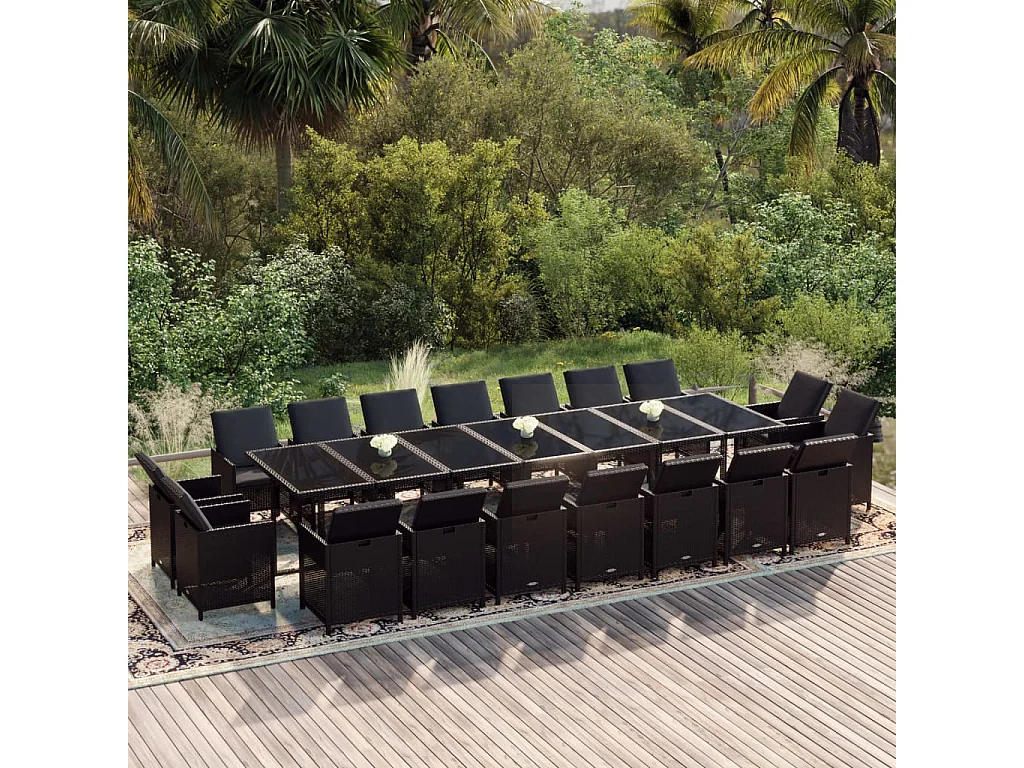 Set comedor de jardín 19 piezas con cojines ratán sintético negro