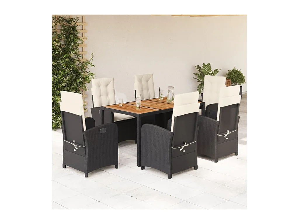 Ensemble à manger de jardin coussins 7 pièces Noir Résine tressée