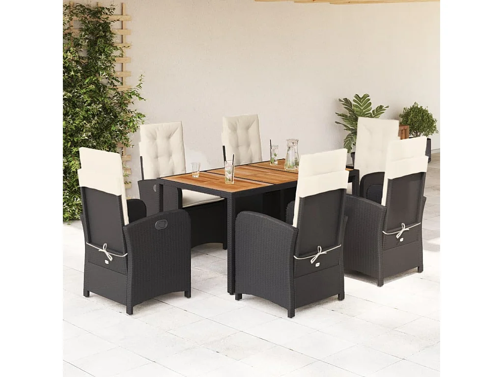 Set de comedor de jardín 7 piezas y cojines ratán sintético negro