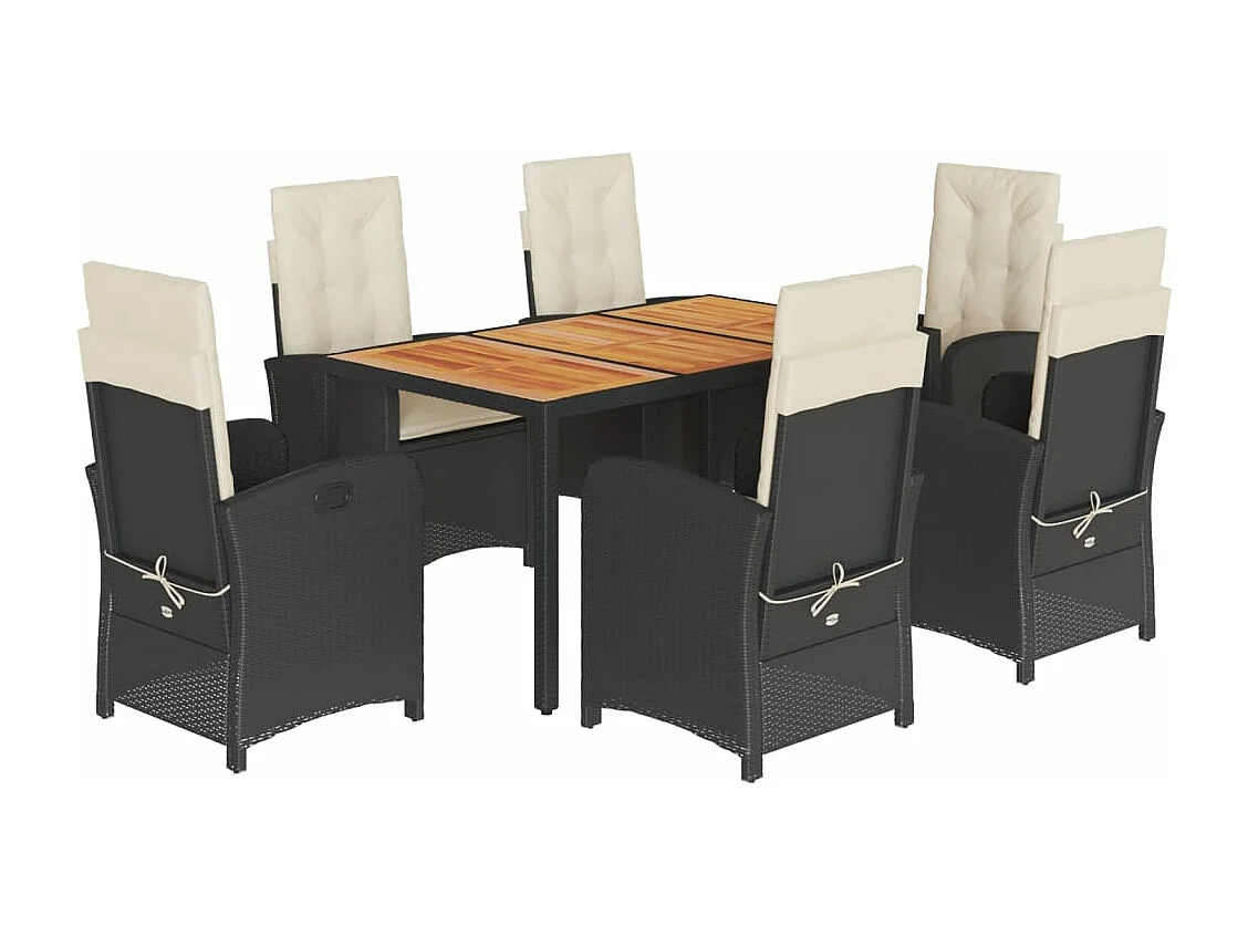 Set de comedor de jardín 7 piezas y cojines ratán sintético negro