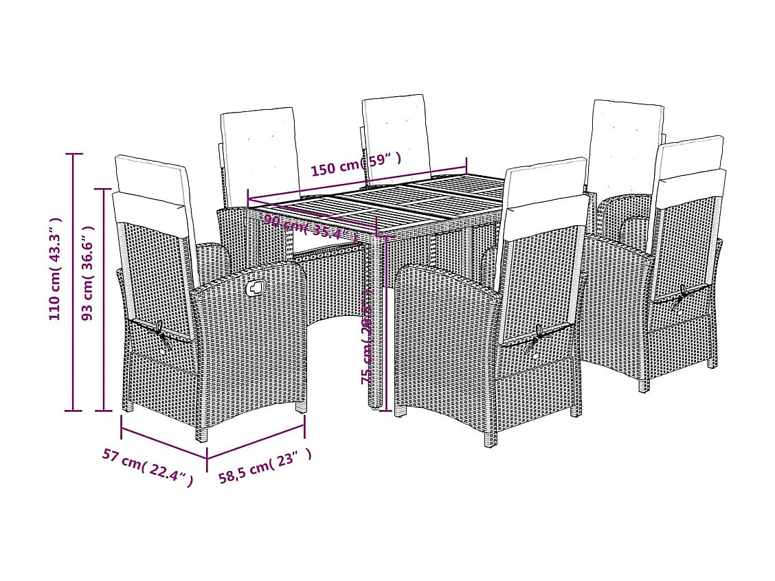 Set de comedor de jardín 7 piezas y cojines ratán sintético negro