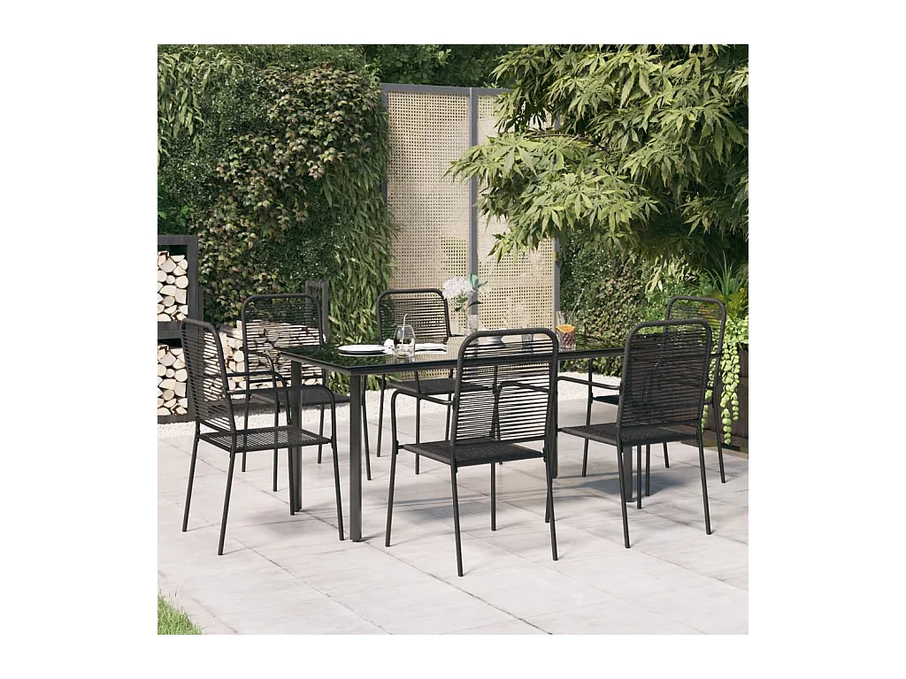 Ensemble à dîner de jardin 7 pièces Noir Corde de coton et acier
