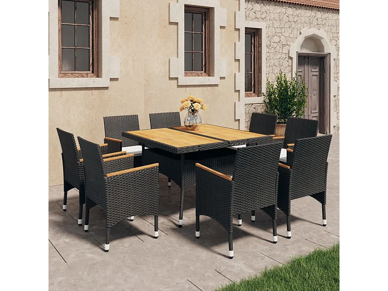 Ensemble à dîner de jardin 9 pièces Résine tressée et acacia Noir