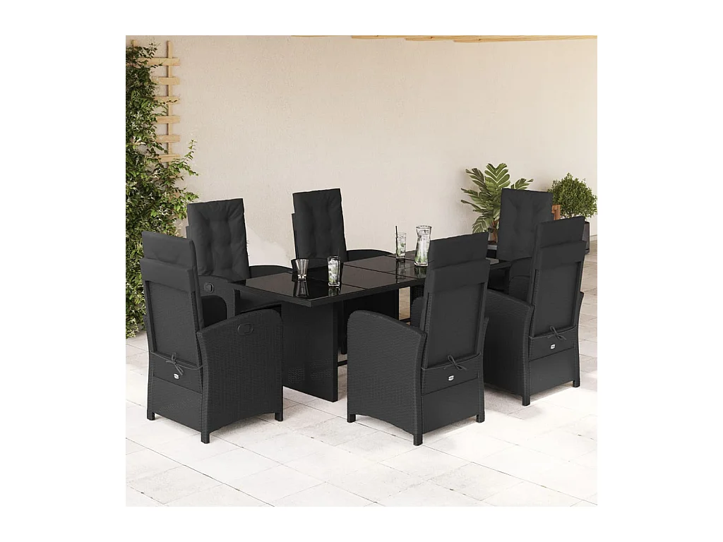 Ensemble à manger de jardin coussins 7 pièces Noir Résine tressée