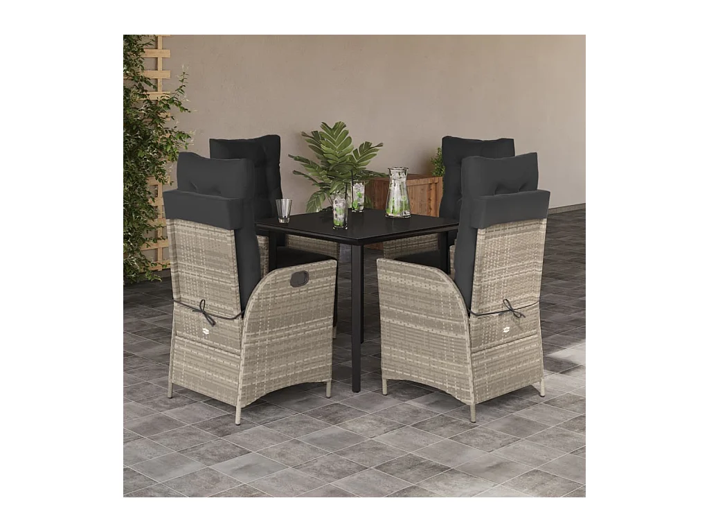 Ensemble à manger de jardin et coussins 5 pièces gris clair rotin