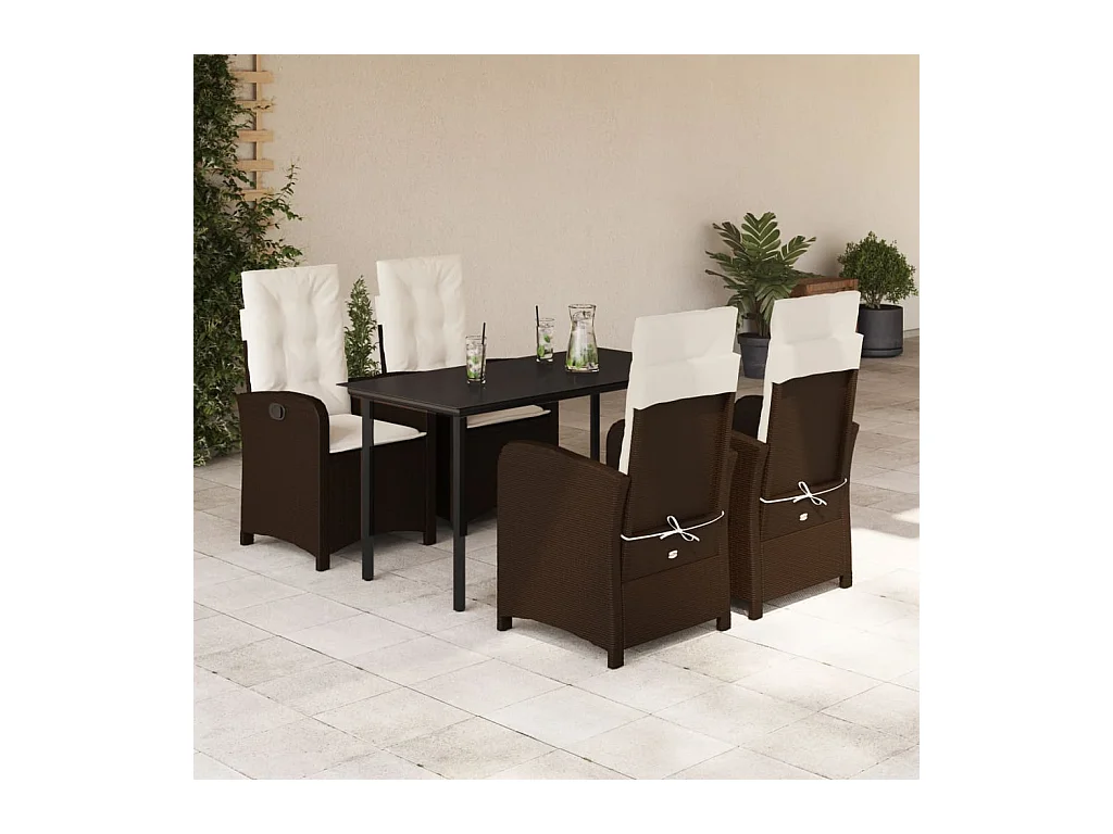 Ensemble à manger de jardin 5 pièces et coussins marron poly rotin