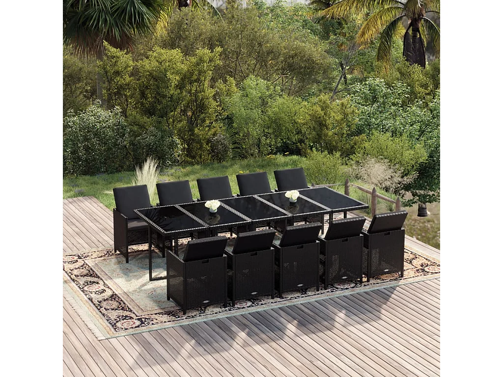 Ensemble à dîner de jardin coussins 11 pièces Résine tressée Noir
