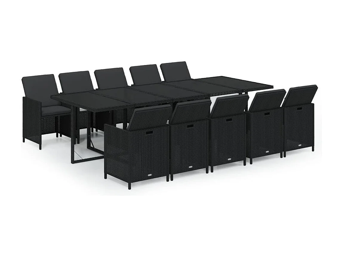 Ensemble à dîner de jardin coussins 11 pièces Résine tressée Noir