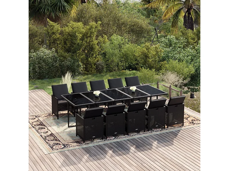Ensemble à dîner de jardin coussins 11 pièces Résine tressée Noir