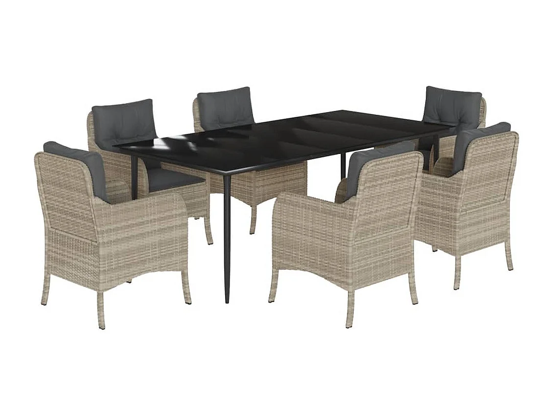 Ensemble à manger de jardin et coussins 7 pièces gris clair rotin