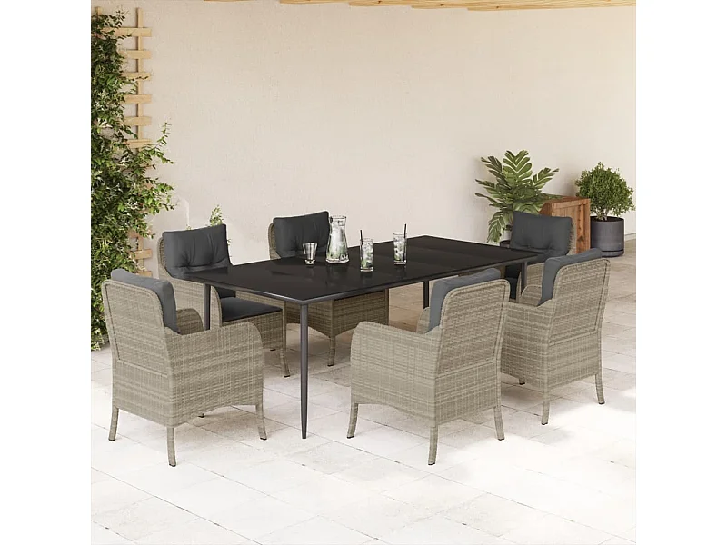 Ensemble à manger de jardin et coussins 7 pièces gris clair rotin