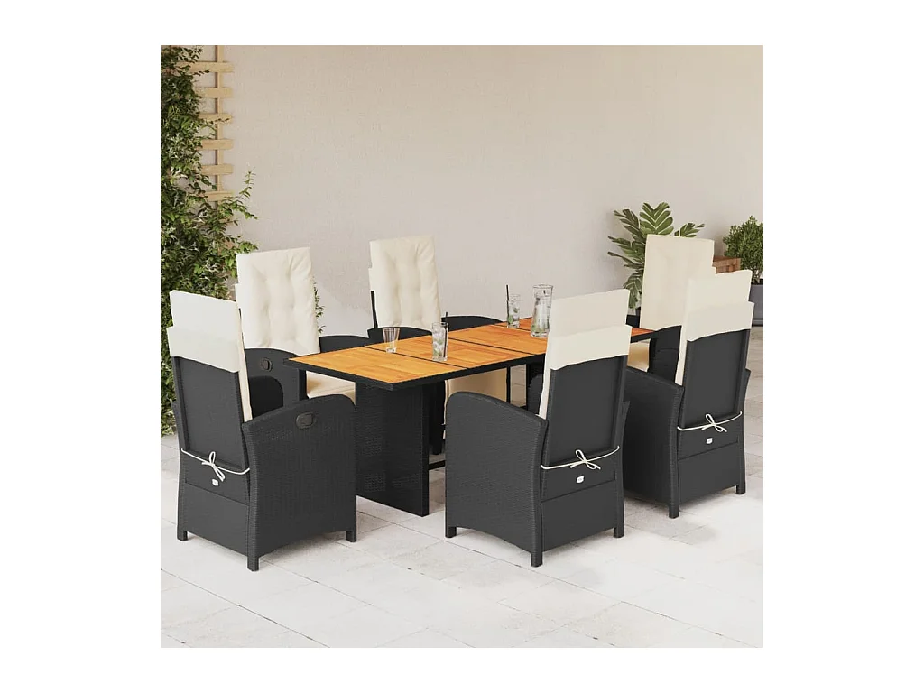 Ensemble à manger de jardin coussins 7 pièces Noir Résine tressée