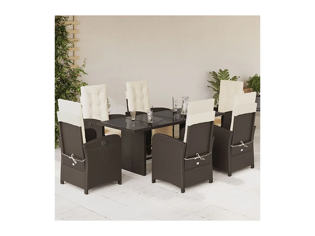 Ensemble à manger de jardin et coussins 7 pièces marron rotin