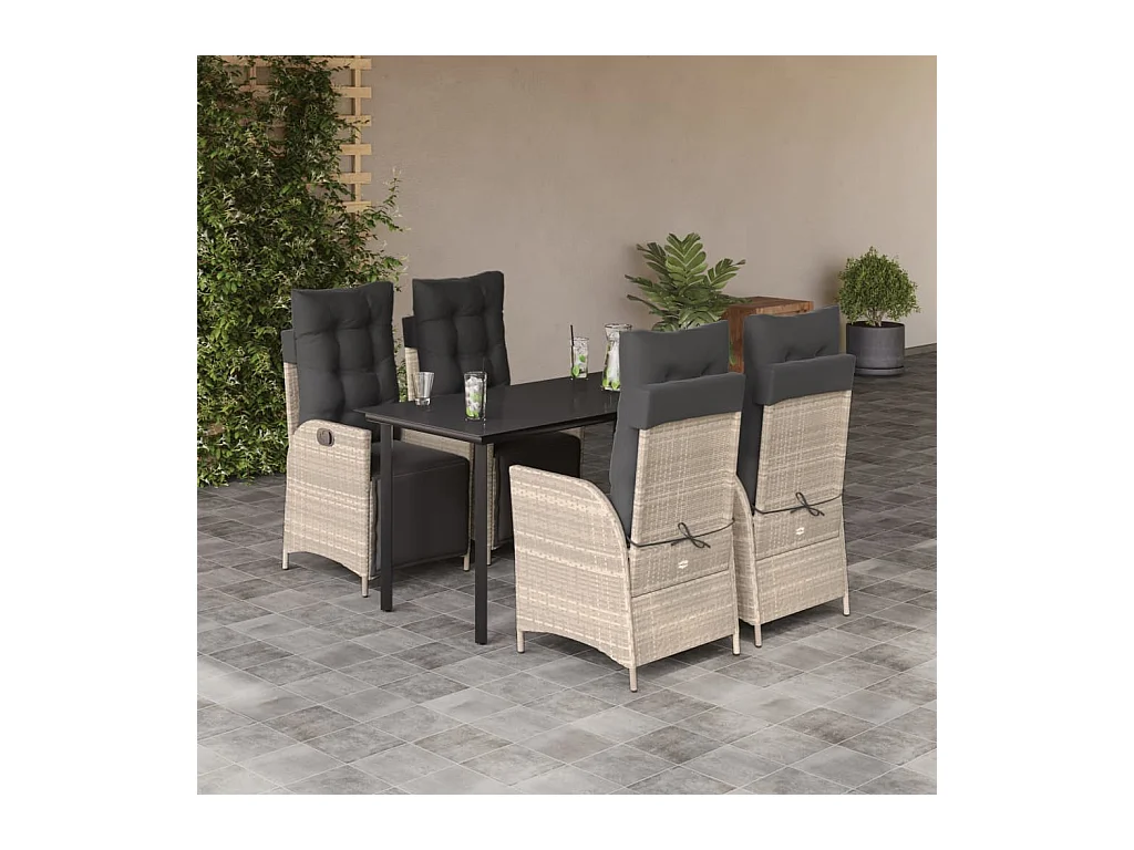 Ensemble à manger de jardin et coussins 5 pièces gris clair rotin