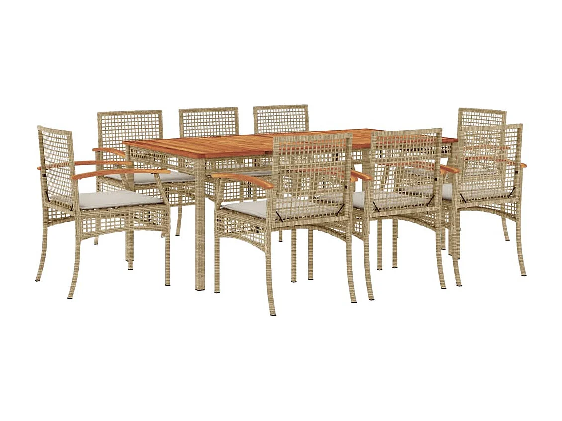 9 peças conjunto de jantar p/ jardim com almofadões vime PE bege