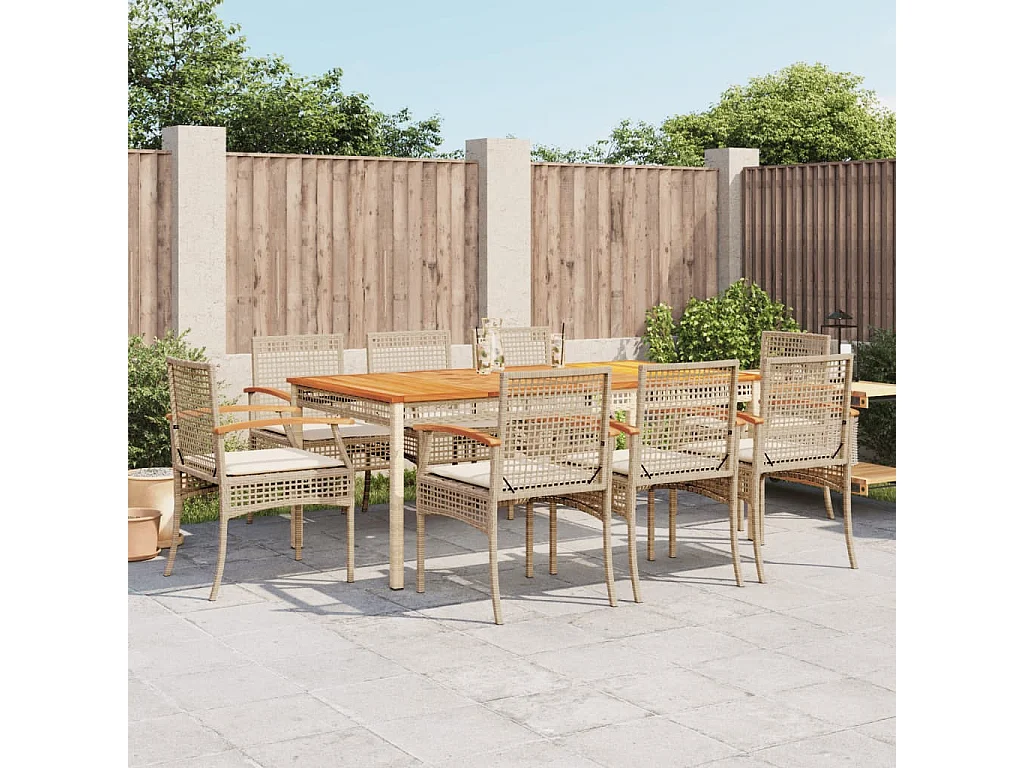 Set comedor de jardín 9 piezas con cojines ratán sintético beige