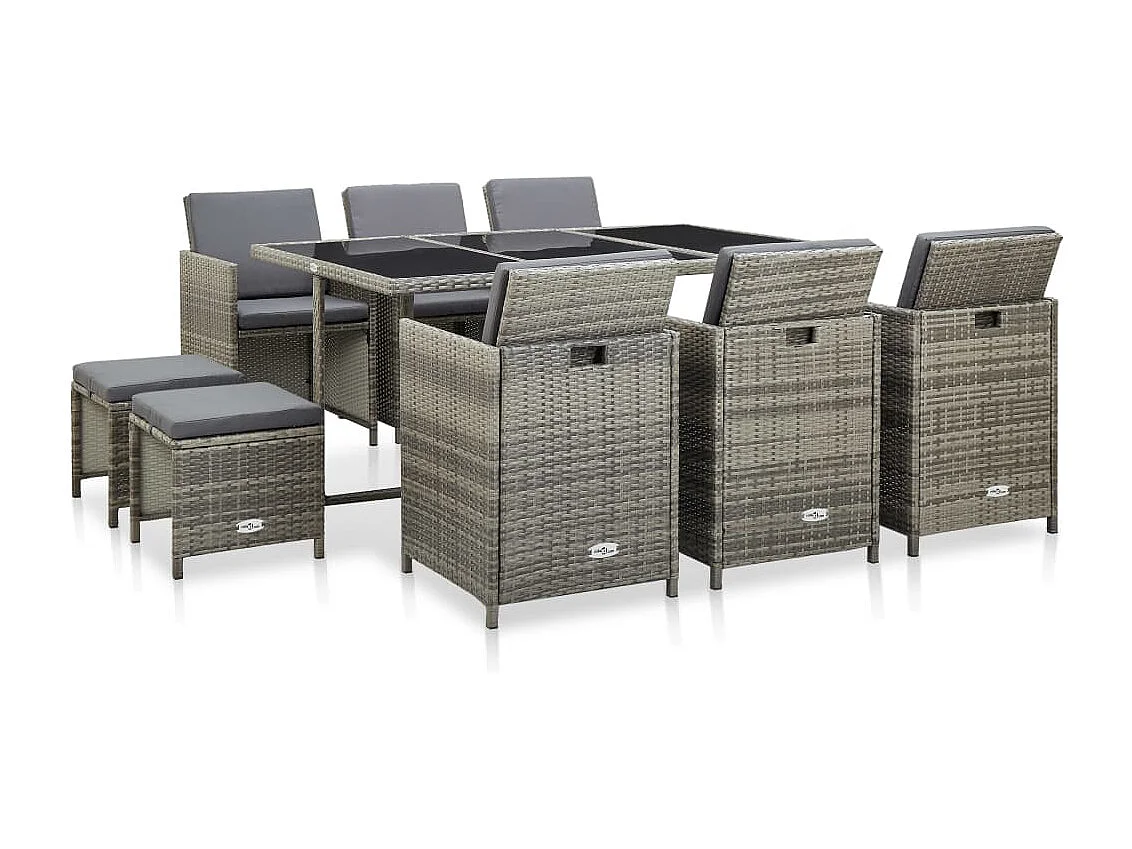 Mobilier à dîner de jardin 11 pièces et coussin Résine tressée Gris