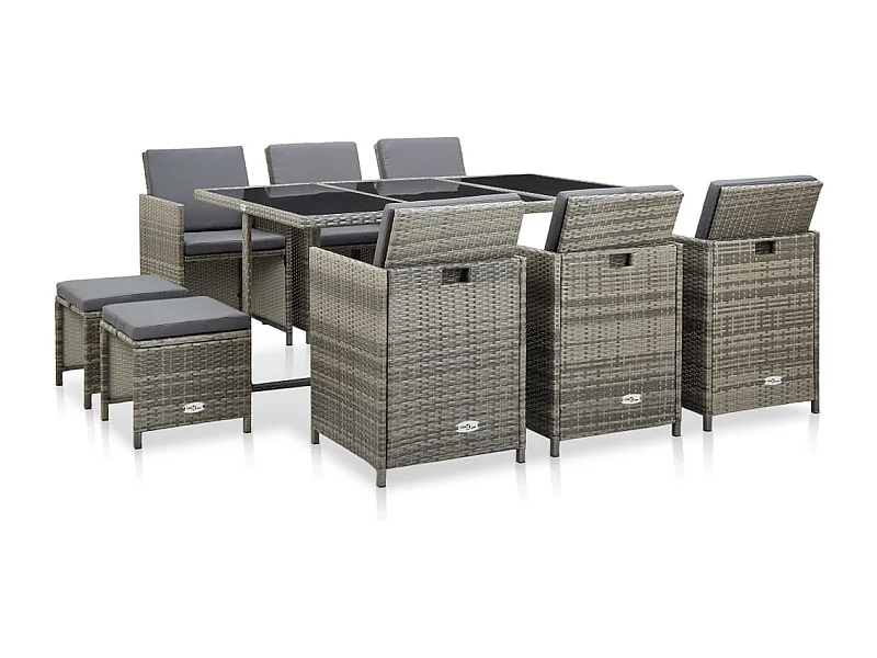 Mobilier à dîner de jardin 11 pièces et coussin Résine tressée Gris