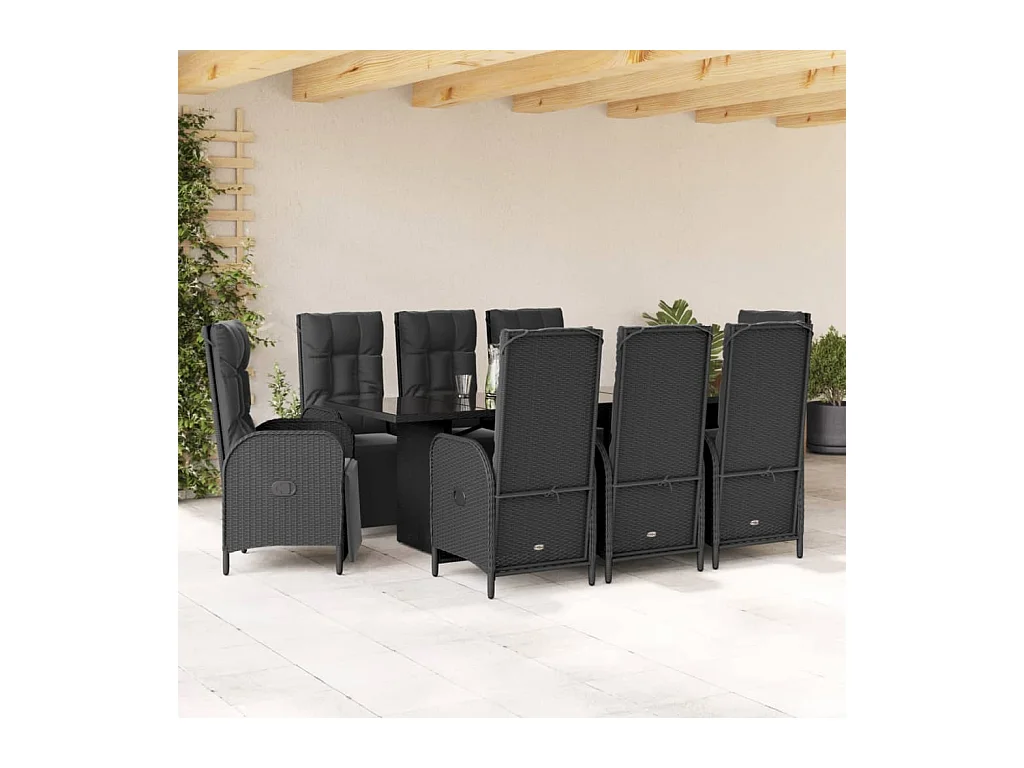 9 peças conjunto de jantar p/ jardim c/ almofadões vime PE preto