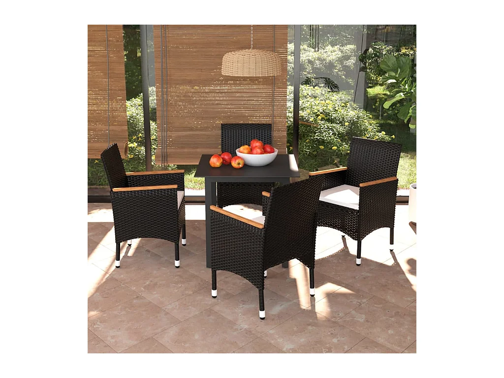 Mobilier à dîner de jardin et coussins 5 pièces Résine tressée Noir
